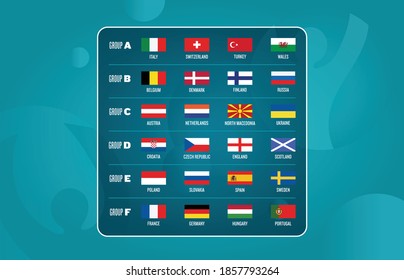 European football tournament groups.Vector country flag set for soccer championship.