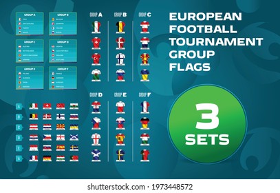 European football tournament groups.Vector country flag set for soccer championship.