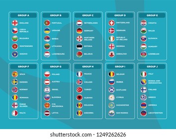 European football tournament qualification groups. 2020 European soccer tournament. Vector country flags. European football tournament qualification groups. 2020 European soccer tournament. Vector country flags.