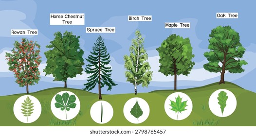 European forest trees set (Sorbus, Aesculus, Picea, Betula, Acer, Quercus) with leaf types infographic vector illustration