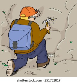 European geologist with backpack using rock hammer