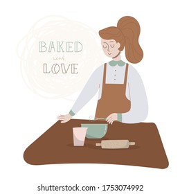 European girl with a high hairstyle prepares dough for cake, cookies, rolls or bread. Apron, whisk, measuring cup, rolling pin. Vector flat illustration. White background.