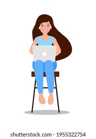 European girl with long hair sits on a chair with a laptop isolated on white background. Remote work or online education concept. Vector illustration