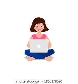 European girl sits on the lotus position with a laptop  Remote work or online education concept. Vector stock illustration