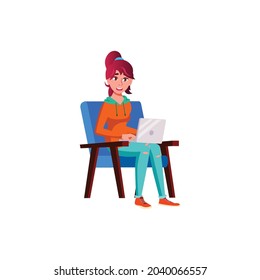 european girl sitting on armchair and watches videos on notebook cartoon vector. european girl sitting on armchair and watches videos on notebook character. isolated flat cartoon illustration