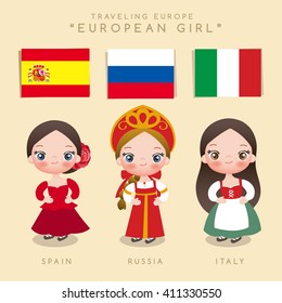 European Girl Traditional Costume : Vector Illustration