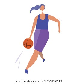 A European girl or woman is playing basketball with an orange ball. Stock vector flat illustration with athlete or character isolated on white background as a concept of team sports