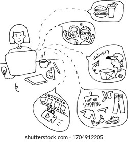 European girl works, communicates and studies at home. Stay at home. Distance work. Virtual communication, contact with the loved ones, friends, collaborators through the quarantine. Hand made, vector