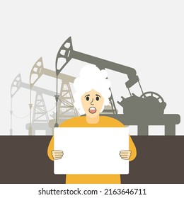 European grandmother came to the rally meeting with a white poster and expresses her protest against the ban on oil extraction and production. World oil crisis. Industry petroleum rig. pumps derrick