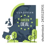 European Green Deal decorative badge - set of policy initiatives with overarching aim of making the EU climate neutral. Isolated geometric decorative European continent