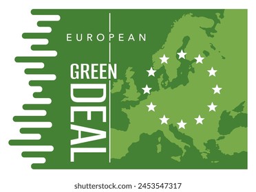 European Green Deal decorative banner - set of policy initiatives with overarching aim of making the EU climate neutral. Isolated geometric decorative European continent