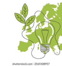 European Green Deal decorative banner - set of policy initiatives with overarching aim of making the EU climate neutral. European continent with lightbulb and plant