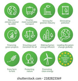 The European Green Deal. Set of isolated icons, vector illustration EPS 10 