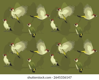 European Green Woodpecker Flying Poses Cartoon Character Seamless Wallpaper Background