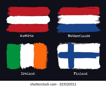 European grunge flags. Austria, Netherland, Finland and Ireland. Vector illustration