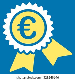 European Guarantee Seal vector icon. Style is bicolor flat symbol, yellow and white colors, rounded angles, blue background.