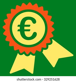 European Guarantee Seal vector icon. Style is bicolor flat symbol, orange and yellow colors, rounded angles, green background.