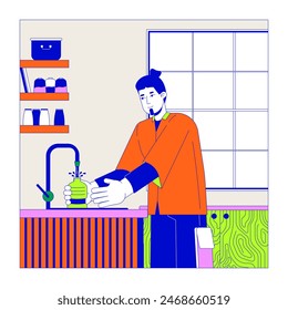 European guy filling bottle with water in kitchen cartoon flat illustration. Caucasian man using refillable thermos 2D line character colorful background. Thirst scene vector storytelling image