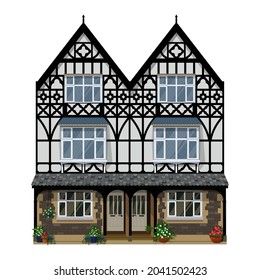 European half timbered house. Traditional german architecture. Classic european building. Vector illuctration