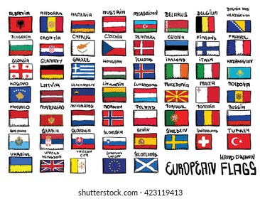 European  Hand Drawn Flags/ Doodled Flags of Europe. Set. You Can See All Flags Of European Countries