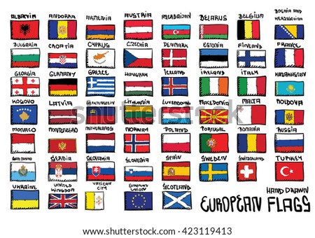 European  Hand Drawn Flags/ Doodled Flags of Europe. Set. You Can See All Flags Of European Countries