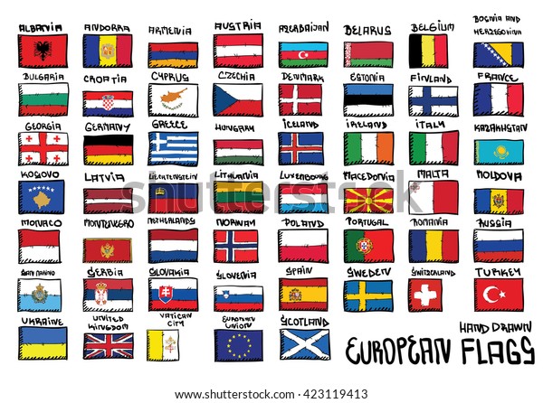 ヨーロッパの手描きの国旗 落書き風国旗 セット ヨーロッパの国旗が全て見える のベクター画像素材 ロイヤリティフリー