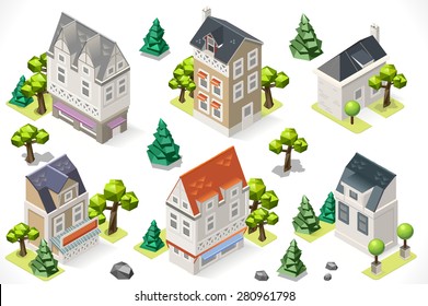 European Historical Building 3d Isometric Lowpoly Garden Trees. Building Infographic. Icon Set Collection Object Picture Urban City Map Element Image Graphic Art Illustration Ancient Home House Vector