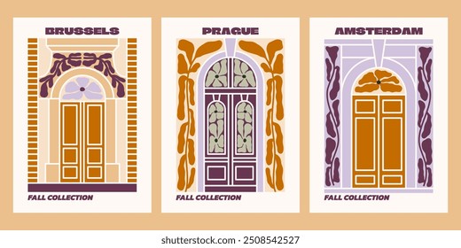 Cartazes vetoriais de portas históricas europeias. Ilustrações de fachadas de cidades antigas. Gráfico de arquitetura tradicional