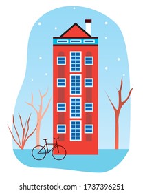 European house, bicycle, trees without leaves and snow in the sky for Christmas in Europe or Amsterdam. Flat vector stock illustration with christmas house or  in winter like christmas card