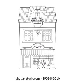 European house. Cute Dutch building with a cafe, a restaurant, a bakery, a coffee shop with a table on the street. Contour monochrome vector illustration, coloring for children in a hand-drawn style