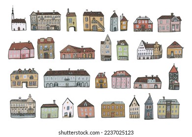 European houses architecture illustrations vector set.