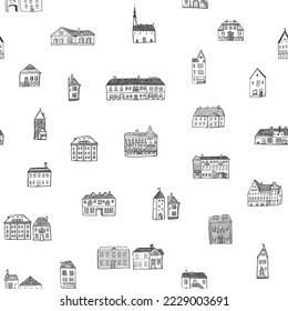 European houses architecture vector seamless pattern.