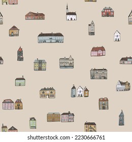 European houses architecture vector seamless pattern.