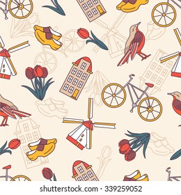 European houses, dutch shoes, tulips and bikes, hand drawn icons set. Colorful seamless pattern, urban style. Sketch collection elements of Amsterdam. Decorative wallpaper, good for printing