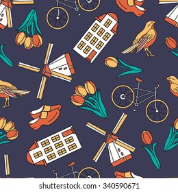 European houses, dutch shoes, tulips and bikes, hand drawn icons set. Colorful seamless pattern, urban style. Sketch collection elements of Amsterdam. Decorative wallpaper, good for printing