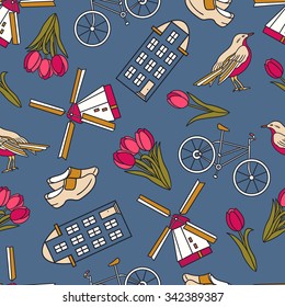 European houses, dutch shoes, tulips and bikes, hand drawn icons set. Colorful seamless pattern, urban style. Sketch collection elements of Amsterdam. Decorative wallpaper, good for printing