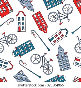 European houses, lights and bikes, hand drawn icons set seamless pattern. Doodle colorful background. Urban style. Sketch collection streets of Amsterdam. Decorative wallpaper, good for printing