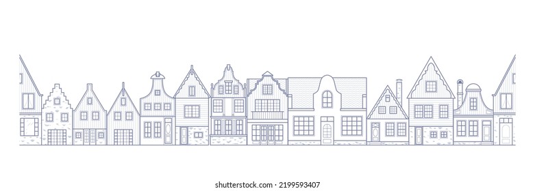 European houses seamless border. Deutsch buildings row pattern. Street of the city in outline style. Vintage architecture landscape. Vector panorama