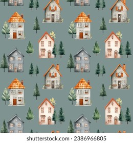 European houses seamless pattern. Cute watercolor buildings and trees. Trendy scandi vector background
