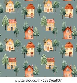 European houses seamless pattern. Cute watercolor buildings and trees. Trendy scandi vector background
