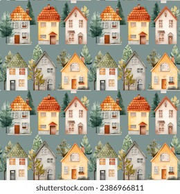 European houses seamless pattern. Cute watercolor buildings and trees. Trendy scandi vector background
