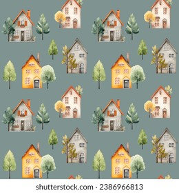 European houses seamless pattern. Cute watercolor buildings and trees. Trendy scandi vector background
