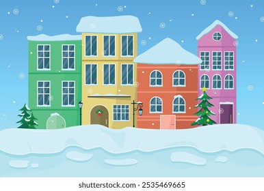 Casas europeas con nieve y abetos contra el cielo. Concepto de tarjeta de Navidad.