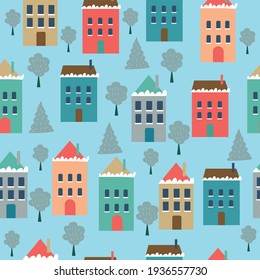 European houses. Snowy city seamless pattern with painted houses. Vector illustration on a blue background 
