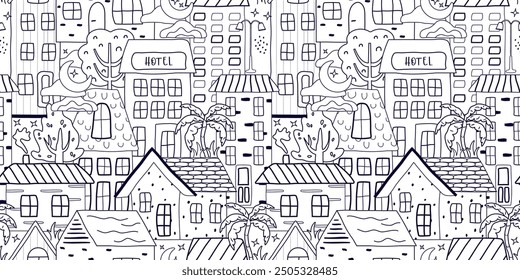 European houses, trees, with a seamless hand-drawn pattern. cute, childish, trending background. flat, cartoon, urban style. for print, paper, banner. art vector illustration.
