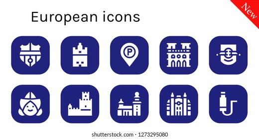  european icon set. 10 filled european icons. Simple modern icons about  - Nantes, Giralda, Parking sign, Notre dame, Leipzig, Dutch, Belem tower, Stockholm, Monaco, Jack
