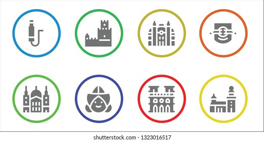 european icon set. 8 filled european icons.  Collection Of - Jack, Saint paul, Belem tower, Dutch, Monaco, Notre dame, Leipzig, Stockholm