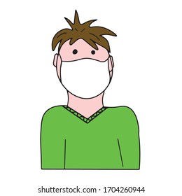 European ill boy in medical mask and green shirt isolated on white background. Coronavirus pandemic outbreak, isolation, quarantine, infectious diseases prevention. Vector illustration in cartoon