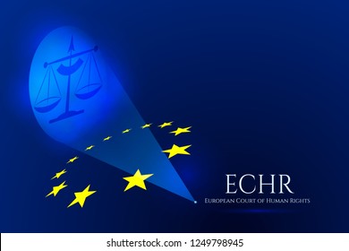 European justice symbolic concept. Scales of justice are covered through the principles of the European Union. Jurisdiction of European Court of Human Rights.