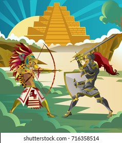 european knight fighting an aztec warrior in the jungle